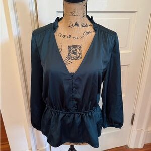 J. Crew Green Satin Peplum Blouse 3/4 Sleeve